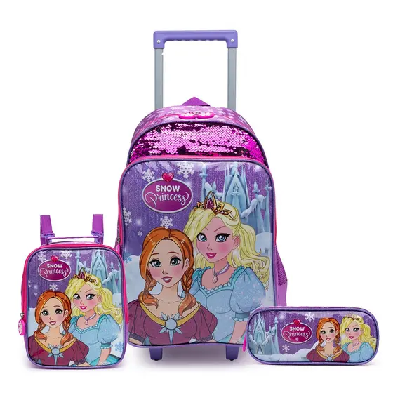 Kit Mochila Escolar Infantil Estilo Princesa  Rodinha Estojo Lancheira