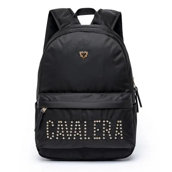 Mochila Cavalera Escolar Feminina Passeio Preta Dourada Acetinada 17L