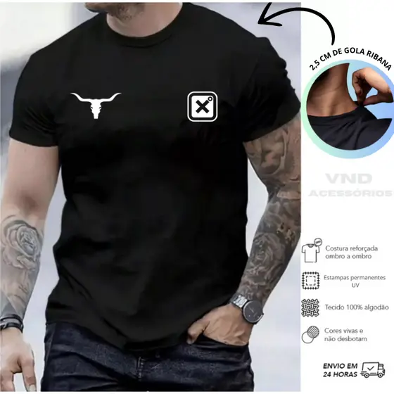 Camiseta Masculina T.X e Bufalo Camisa Estampada 100% algodão Malha 30.1 T-Shirt Rodeio Country