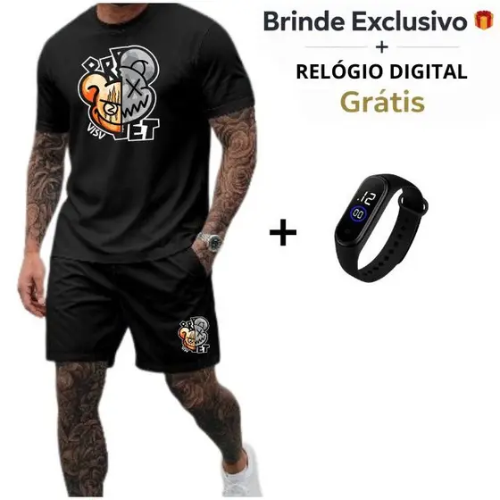 Conjunto Kit Camiseta + Short + Relógio Estiloso Camisa 100% Algodão Bermuda Tactel Estampado Esporte Academia Urso