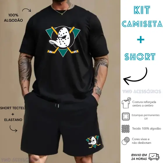 Conjunto Kit Camiseta 100% algodão E Bermuda Tectel Estampado Camisa Masculina Camiseta Short Hoquei Pato Duck´s