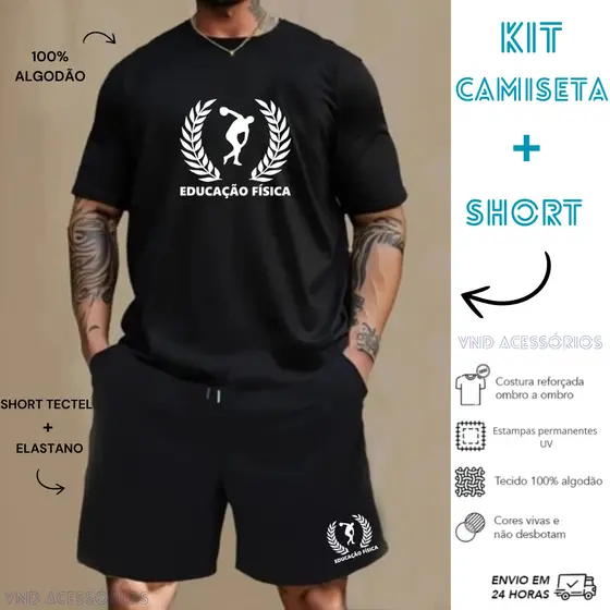 Conjunto Kit Camiseta 100% algodão E Bermuda Tectel Estampado Camisa Masculina Camiseta Short Faculdade EDUCAÇÃO FISICA
