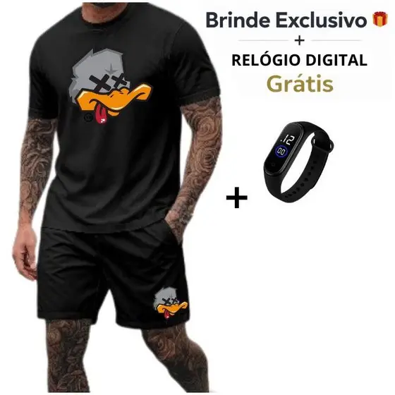 Conjunto Kit CAMISETA 100% algodão + BERMUDA Tactel Estampado + Relógio Brinde Estiloso Camisa Masculina Short Pato XX