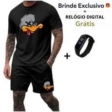 Conjunto Kit CAMISETA 100% algodão + BERMUDA Tactel Estampado + Relógio Brinde Estiloso Camisa Masculina Short Pato XX