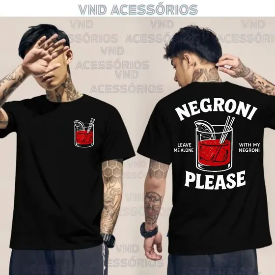 Camiseta Masculina Premium NEGRONI PLEASE Camisa Estampada algodão Malha 30.1 T-Shirt Básica Drinks Bebidas Negroni