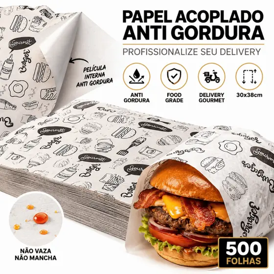 Papel Acoplado Para Hambúrguer 30x38 Escolha a Quantidade
