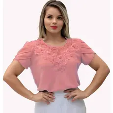Blusa Camisa Rosa Claro Rosê Detalhe em Pérolas Pedrinha Renda Social Moda Evangélica Social Congresso Igreja Fardamento