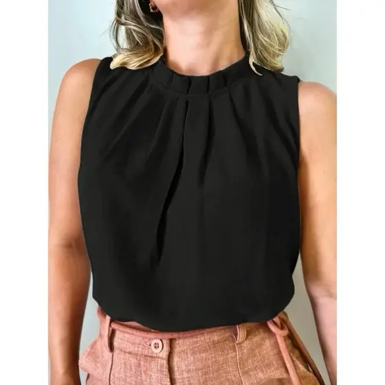 Blusa Feminina Social Regata Gola Alta Com Botão Na Costa