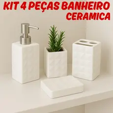 Kit Banheiro 4 Peças Textura Diamante Ceramica Porta Escova Dente Porta Sabonete Líquido Saboneteira