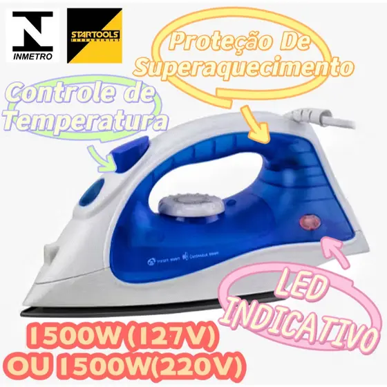 Ferro De Passar A Vapor Premium 127V OU 220V 1500W Com LED Indicativo