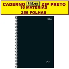 Caderno Tilibra 16 Matérias 256 Folhas Escolar zip Capa Dura Preto capa preta