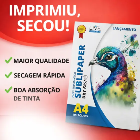 Papel Sublimatico Secagem Rápida Para Sublimação Live Sub 100 Folhas A4