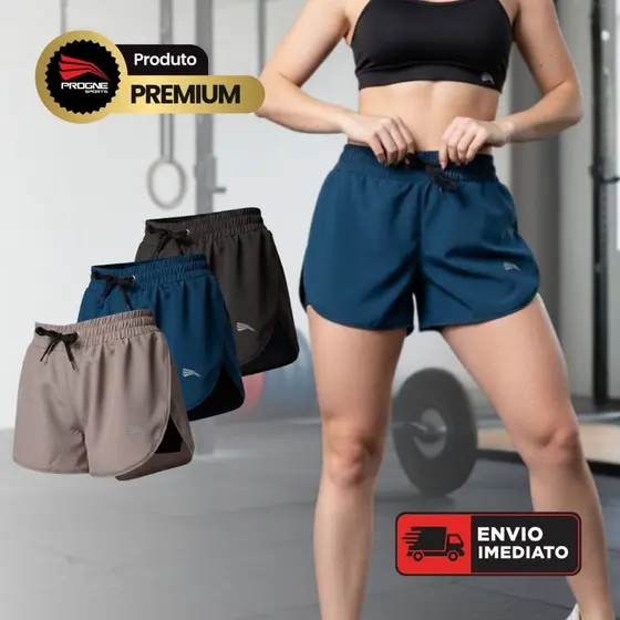 SHORTS DE MICROFIBRA COM BERMUDA T脡RMICA FEMININO - ACADEMIA TREINOS CORRIDA - PROGNE SPORTS