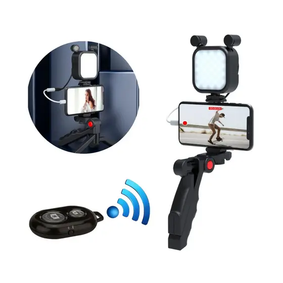Kit Gravação Iluminador com Microfone Mini Tripé 10cm Suporte para Celular e Controle Mamen 11-LM