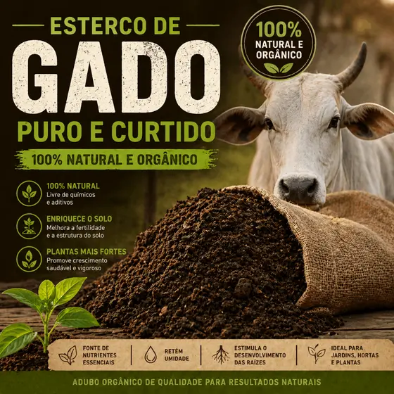 Esterco de Gado Curtido 100% Natural Orgânico Adubo Vegetal Rico em Nutrientes p/ Plantas e Horta