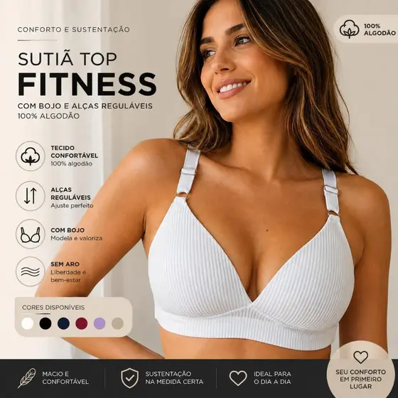 Sutiã Top Fitness com Bojo Alças Reguláveis 100% Algodão