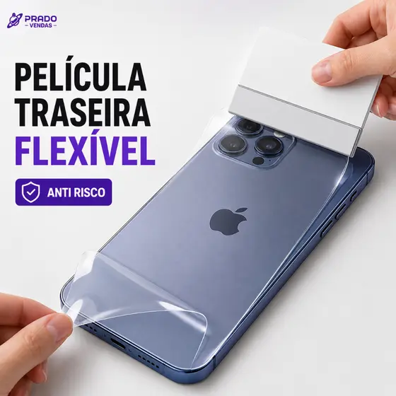 Película Traseira Cerâmica Flexível para iPhone 11 12 13 14 15 16 17 Pro Max Anti Risco Transparente