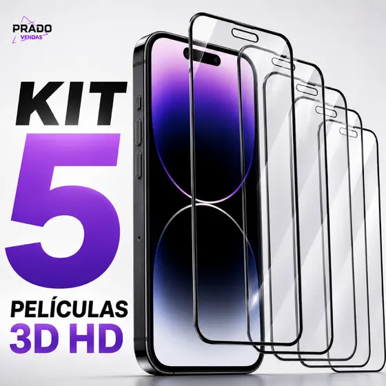 KIT 5 Películas 3D iPhone Vidro Temperado Full Cover HD 9H iPhone 11 12 13 14 15 16 17 Pro Max