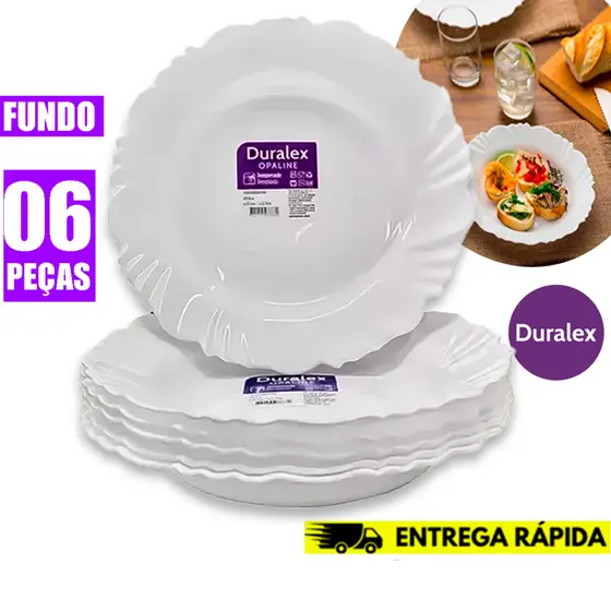 Jogo 6 Pratos Fundo Branco Duralex Opaline Vidro Pétala Elegante e Resistente