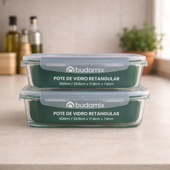 Conjunto 2 Potes Vidro 1520ml Retangular Hermético 4 Travas Vedação Marmita