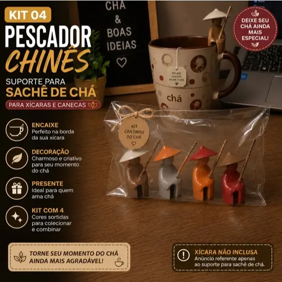 04 Seguradores De Saqunhos de Chá para Xícara Caneca Modelo Pescador Chinês. Decoração Enfeite Top