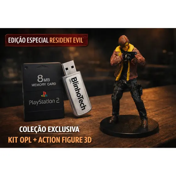 Kit OPL PS2 Resident Evil Edição Especial – Pen Drive 32GB  + Boneco LEON DE 9cm – Pronto para Jogar