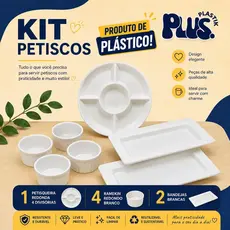 KIT PETISCOS PEÇAS PLASTICO 1 PETISQUEIRA BRANCA 2 BANDEJAS BRANCAS 4 RAMEKIN REDONDO BRANCO IDEAL PARA SEUS EVENTOS