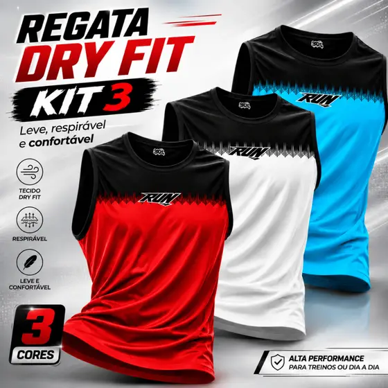 KIT 3 Camisa Regata Dry Fit Masculina Sem Manga Dryfitness, treino, esportiva, academia