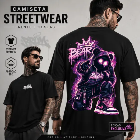 Camiseta Masculina 100% Algodão Blusa Strettwear Estampa Urso Bear Estilo Rua Casual Elegante