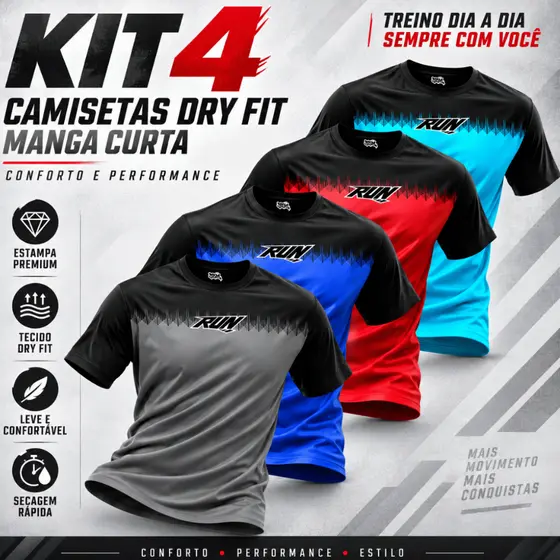 Kit 4 Camisetas Dry Fit Masculina Camisa Esportiva Dry Fit Academia Corrida Exercícios