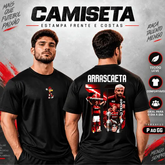 Camiseta Masculina Dry Fit Mengão Jogadores Camisa DryFit Futebol Flamenguistas Arrasca Pulgar