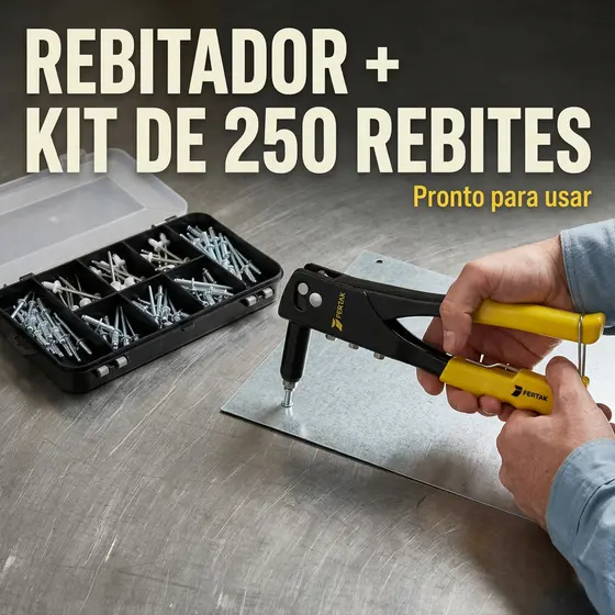 Alicate Rebitador 10" Manual Com 4 Bicos Kit Rebite Para Alumínio Madeira
