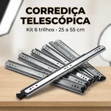 Kit 6 Peças Corrediça Telescópica Gaveta 25 cm a 55 cm Trilho Reforçado Silencioso Residencial Profissional