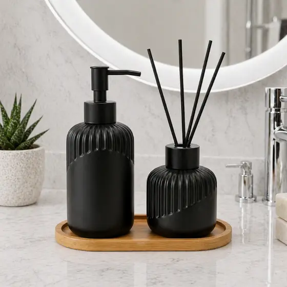 Kit Lavabo Banheiro Dispenser Para Sabonete Líquido Porta Escova Cerâmica Preto Luxo Bambu Natural