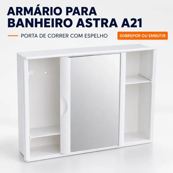 Armário para Banheiro Astra A21 Branco com Espelho Porta de Correr 41x28cm Sobrepor/Embutir