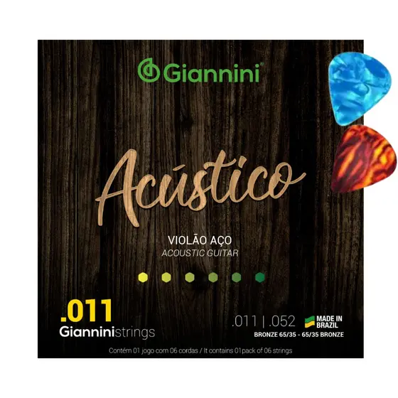 Encordoamento para Violão Aço Giannini Acústico Bronze 65/35 GESPW .011+ 2 Palhetas
