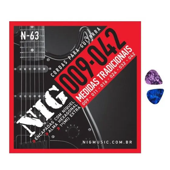Encordoamento Para Guitarra NIG .009 N63 Cordas + 2 Palhetas