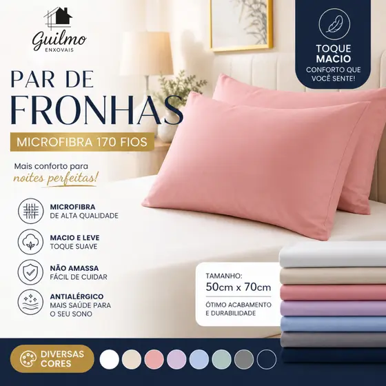Par de Fronha Lisa Microfibra 170 Fios 50x70 cm Toque Macio Diversas Cores