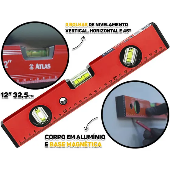 Nível Metálico Com Base Magnética Profissional Três Bolhas Nivelamento Horizontal E Vertical 12 Polegadas