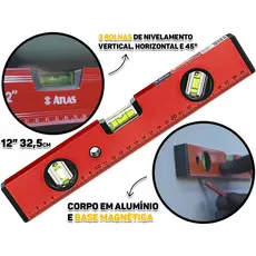 Nível Metálico Com Base Magnética Profissional Três Bolhas Nivelamento Horizontal E Vertical 12 Polegadas