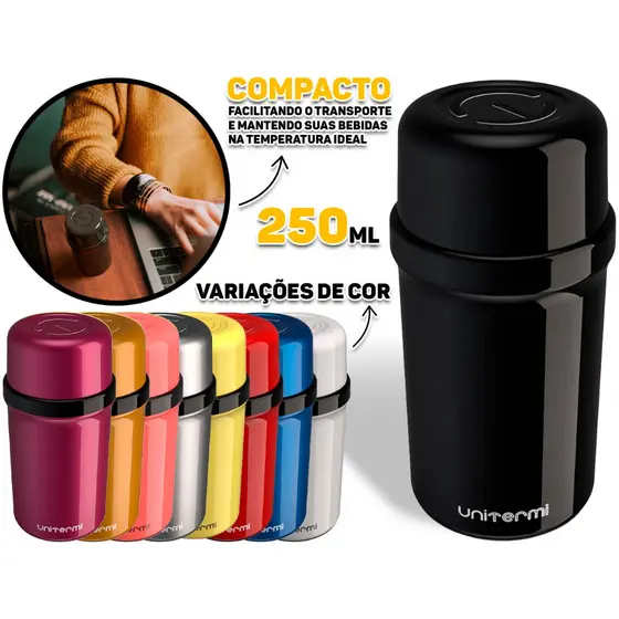Garrafa Térmica Fano 250ml Unitermi Chá Café Água Leite Chocolate Quente Suco Anti Gotas Ampola Vidro Leve Portátil
