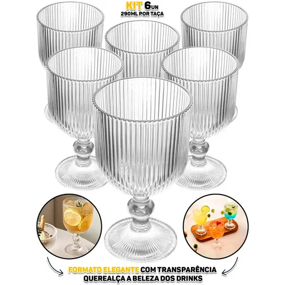 Jogo Conjunto 6 Taças Em Vidro Transparente Para Água Sucos Refrigerante Drinks Coquetel Mesa Posta