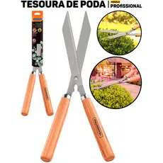 Tesoura Para Cerca Viva E Grama  48cm Jardim Tramontina Cabo De Madeira Lâmina Serrilhada Metálica