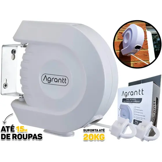 Varal Retrátil De Parede Para Roupas Multiangular 15 Metros Corda Automático Suporta 20kg Agrantt