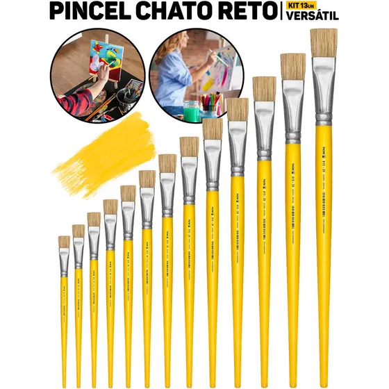 Kit Completo 13 Pincéis Chato Reto 815 Tigre Profissional Artesanato Pintura E, Madeira Tela MDF