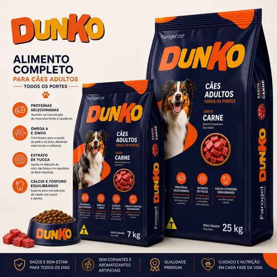 Ração 7 ou 25kg Econômica Para Cão Cachorro Adulto Todas As Raças Sabor Carne Sem Corante Dunko
