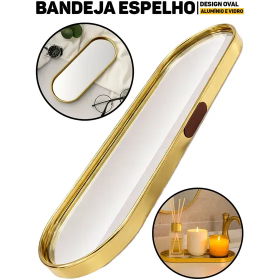 Bandeja Espelhada Oval De Alumínio 30x10cm P/ Decoração Bancada Sala Quarto E Banheiro	