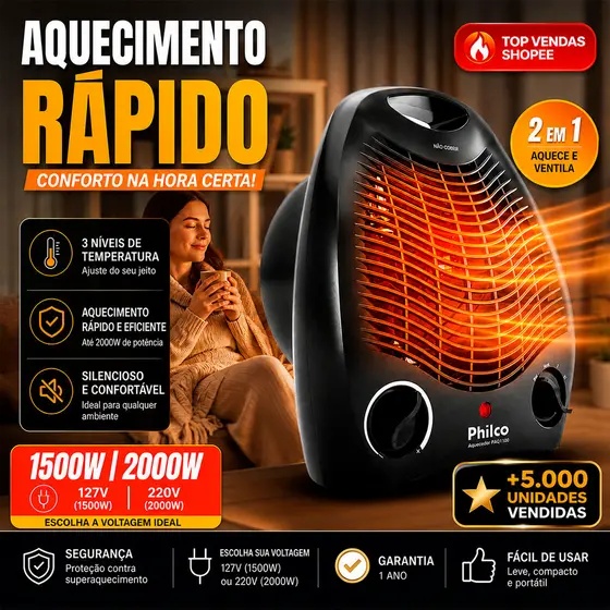 Aquecedor De Ar Philco PAQ1100 2 Em 1 Quente Frio 3 Níveis Portátil P/ Banheiro Quarto Escritório