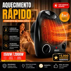 Aquecedor De Ar Philco PAQ1100 2 Em 1 Quente Frio 3 Níveis Portátil P/ Banheiro Quarto Escritório
