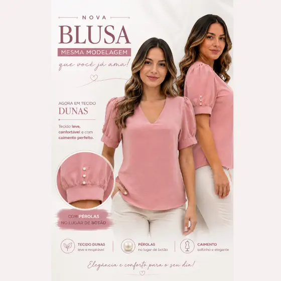 Blusa Feminina Tecido Dunas Gola V Manga Bufante Social Moda Evangélica Elegante